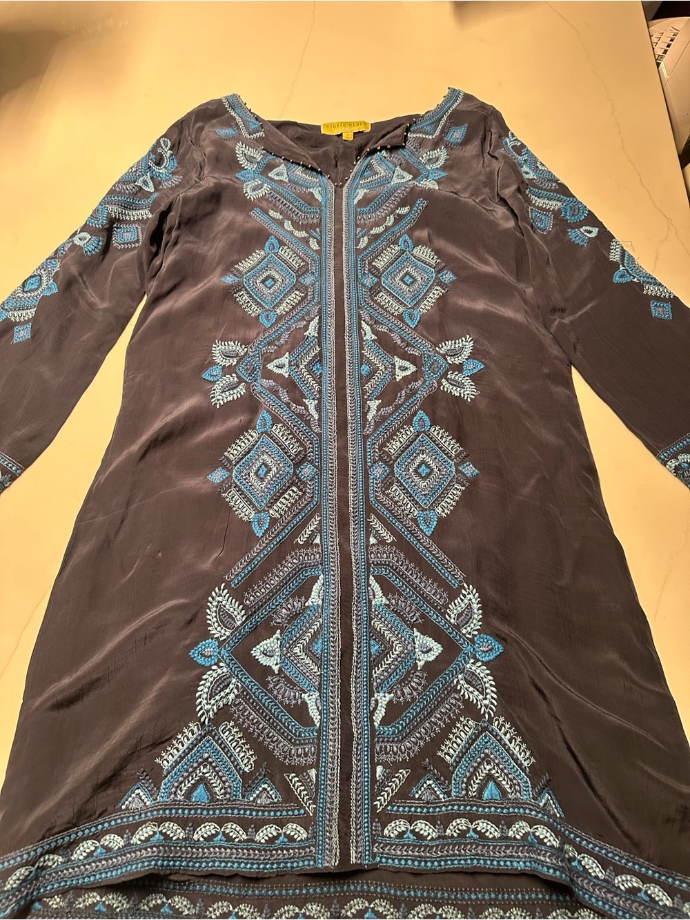 Sigrid Olsen Navy Dress with Turquoise Embroidery Long Sleeve